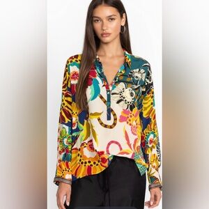 JOHNNY WAS SELINE BLOUSE Size 3X Silk V-neck Oriental Art to Wear Corporate Chic